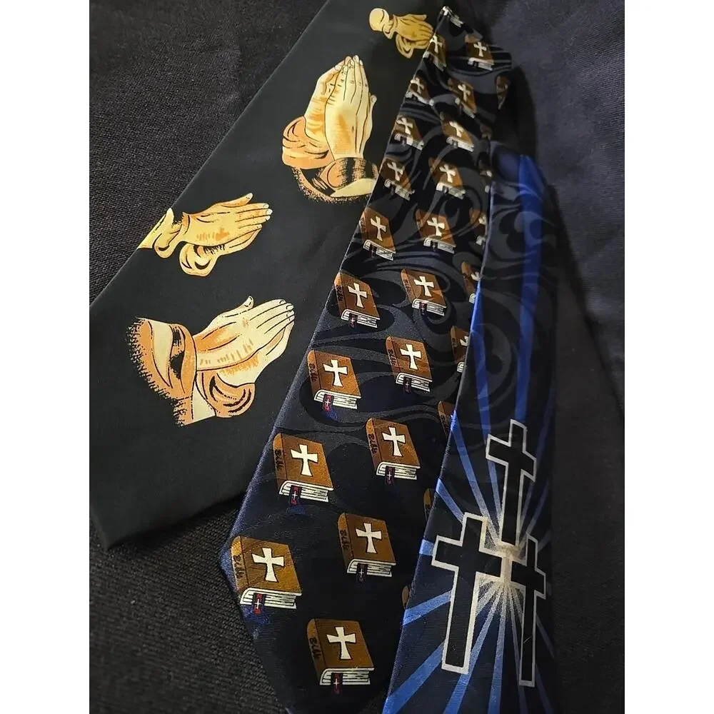 Lot Of 3 Men's Neckties Religious Ties Praying Hands Cross Bible Preacher Pastor